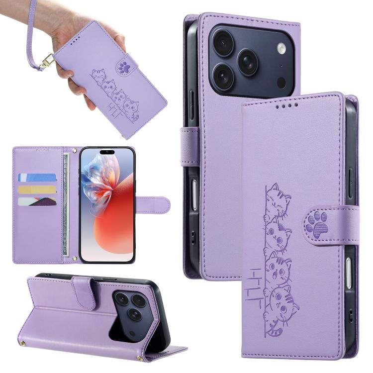 For iPhone 17 Pro Cute Cats Magnetic Closure Vegan Leather Phone Case with Strap(Purple)
