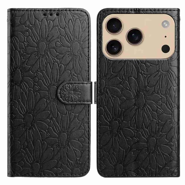 For iPhone 17 Pro Daisy Embossed Leather Phone Case(Black)