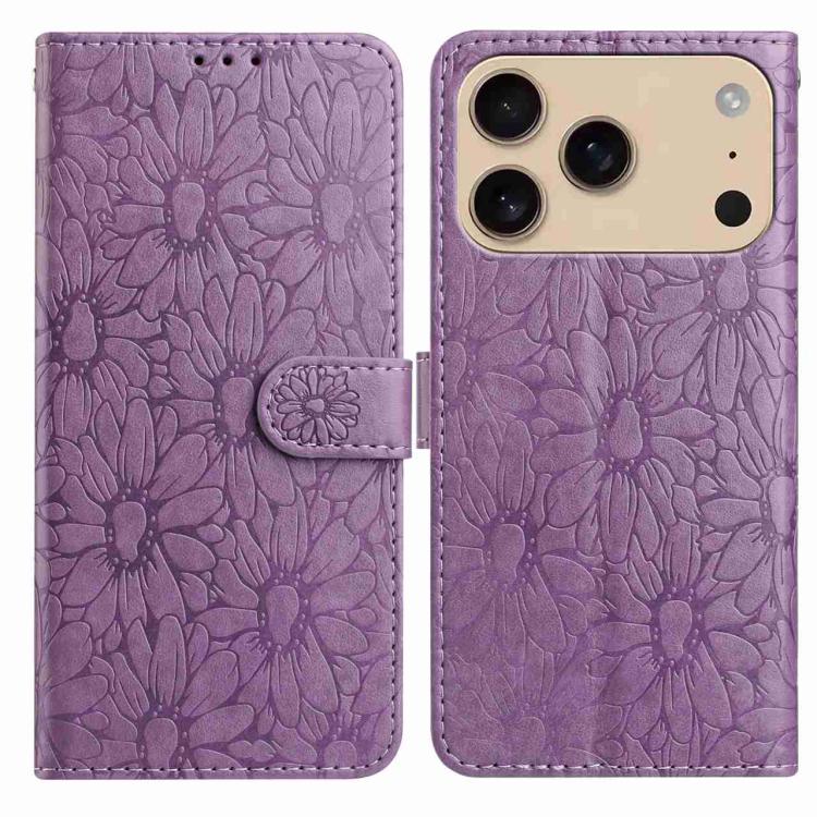 For iPhone 17 Pro Daisy Embossed Leather Phone Case(Light Purple)