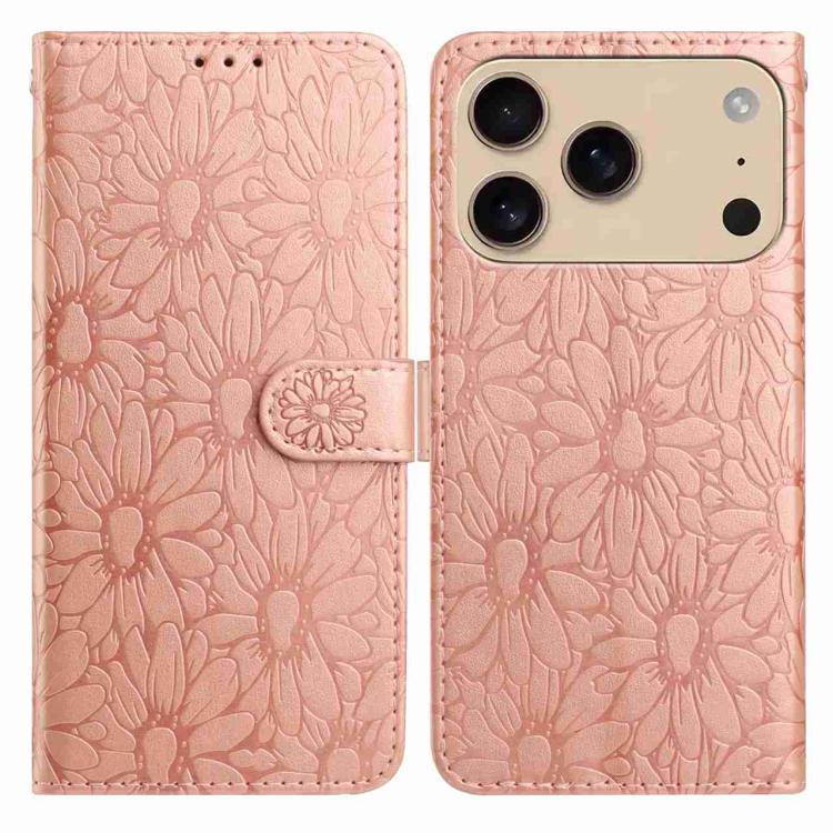 For iPhone 17 Pro Daisy Embossed Leather Phone Case(Rose Gold)