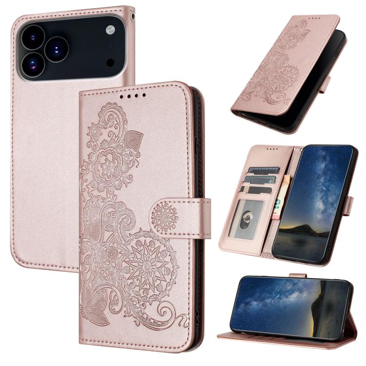 For iPhone 17 Pro Datura Flower Embossed Flip Leather Phone Case(Rose Gold)