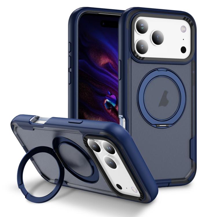 For iPhone 17 Pro Defend Rugged Gear Holder MagSafe Phone Case(Blue + Transparent Blue)