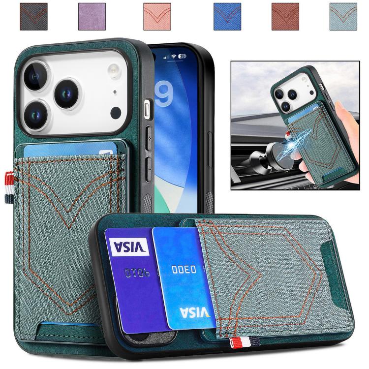 For iPhone 17 Pro Denim Texture Leather Skin Phone Case with Card Slot(Green)