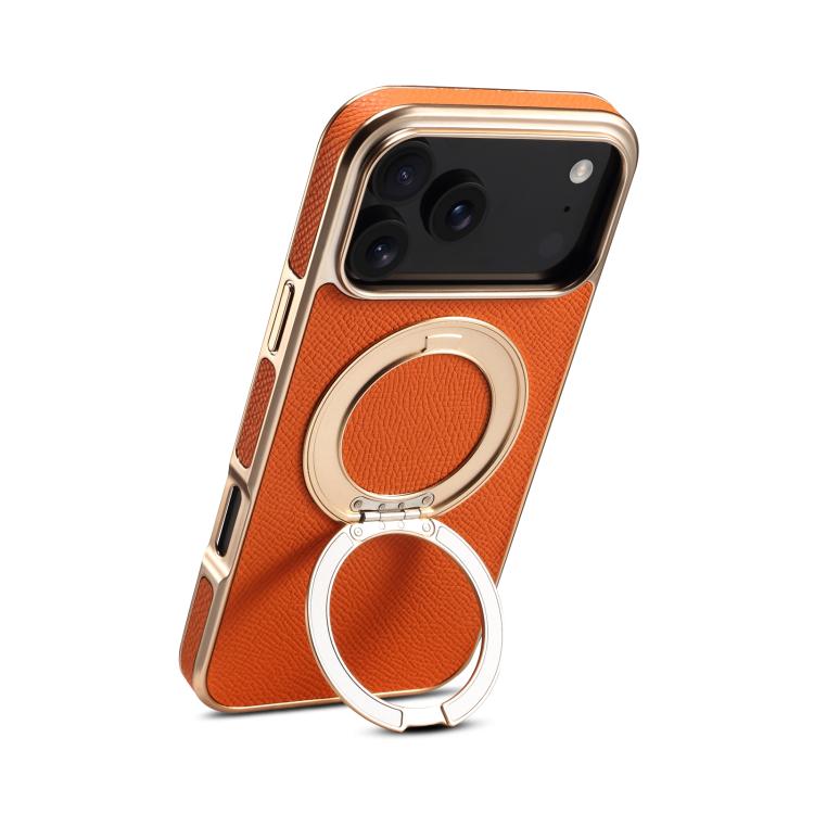 For iPhone 17 Pro Denior A23 Magnetic Holder Electroplating Genuine Leather Phone Case(Orange)