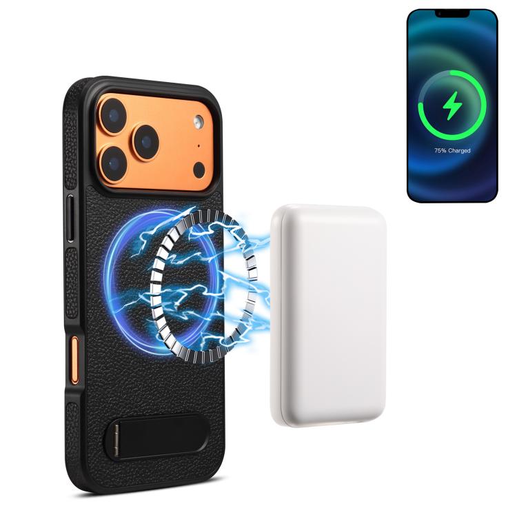For iPhone 17 Pro Denior A25 Litchi Texture MagSafe Phone Case with Holder(Black)