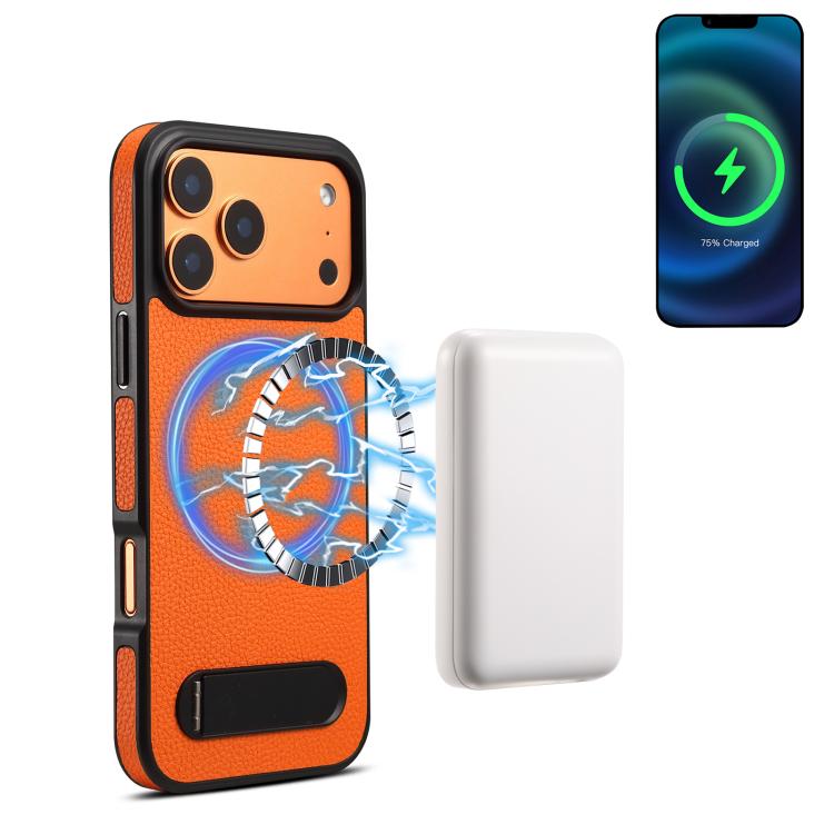 For iPhone 17 Pro Denior A25 Litchi Texture MagSafe Phone Case with Holder(Orange)