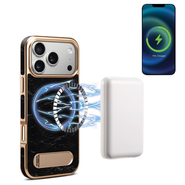 For iPhone 17 Pro Denior A25 MagSafe Genuine Leather Phone Case with Holder(Black)