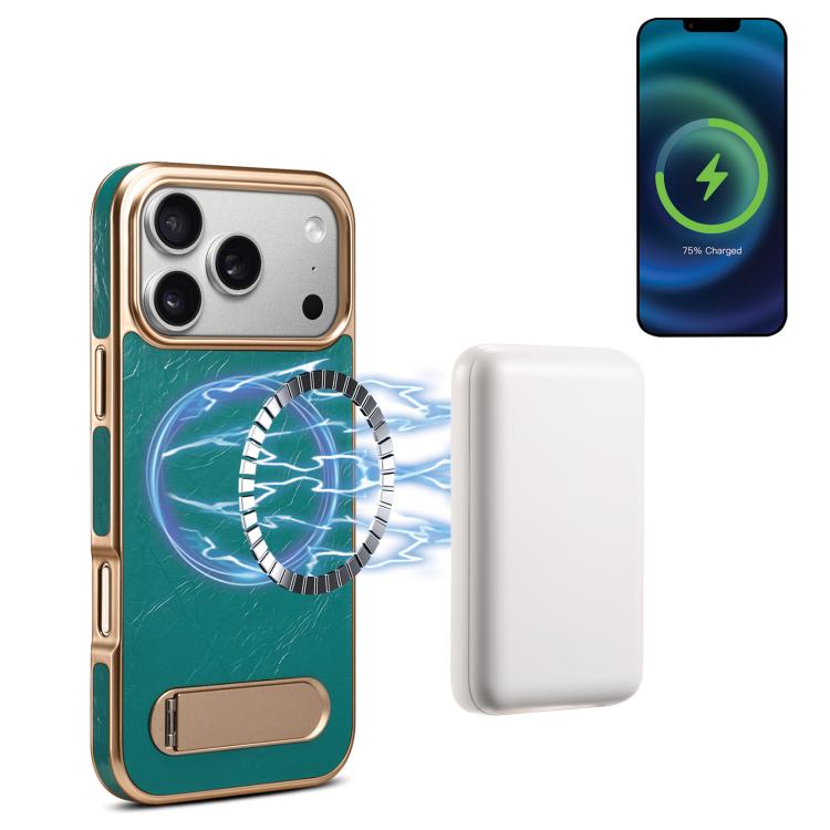 For iPhone 17 Pro Denior A25 MagSafe Genuine Leather Phone Case with Holder(Blue)