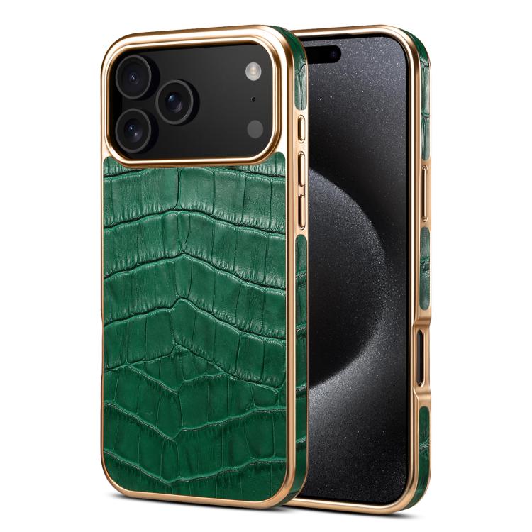 For iPhone 17 Pro Denior Crocodile Texture Genuine Leather Electroplating Phone Case(Green)