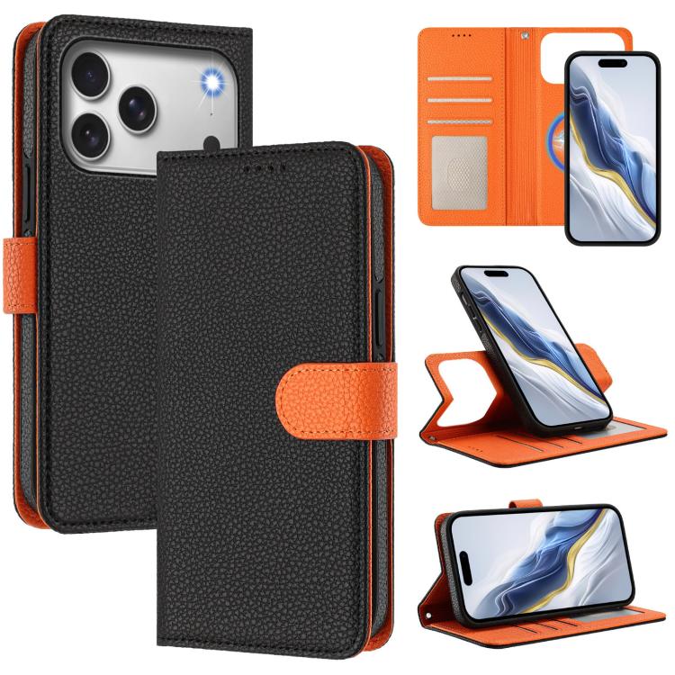 For iPhone 17 Pro Detachable Litchi Texture Magnetic Side-Patch Vegan Leather Phone Case(Black Orange)