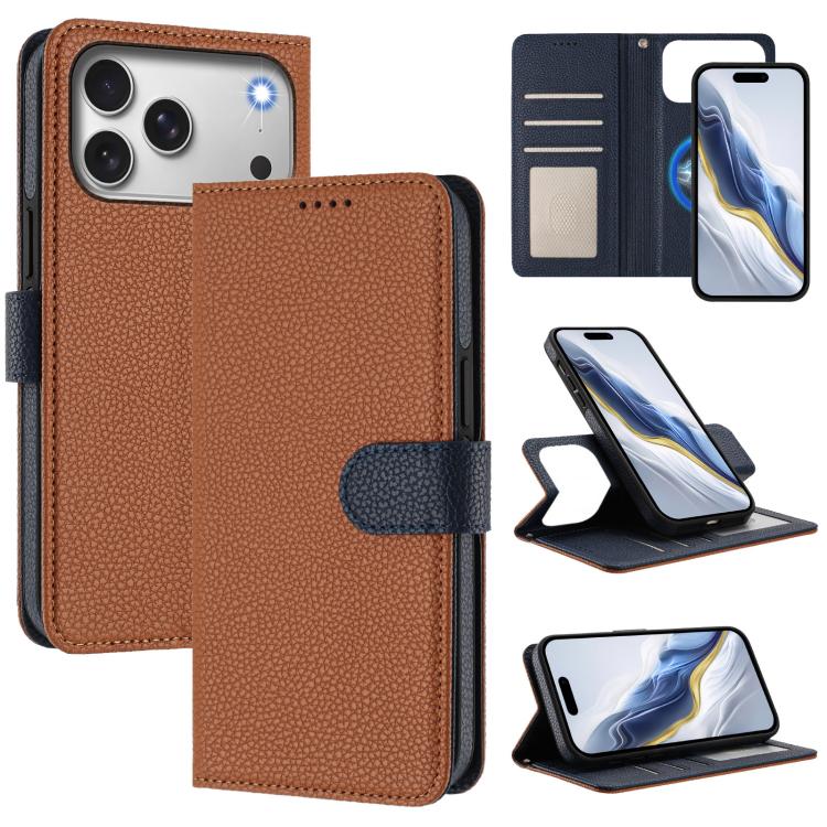 For iPhone 17 Pro Detachable Litchi Texture Magnetic Side-Patch Vegan Leather Phone Case(Brown Dark Blue)