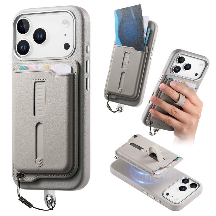 For iPhone 17 Pro Detachable Magnetic Card Bag Phone Case with Finger Ring Grip & Anti-loss Rope(Gray)