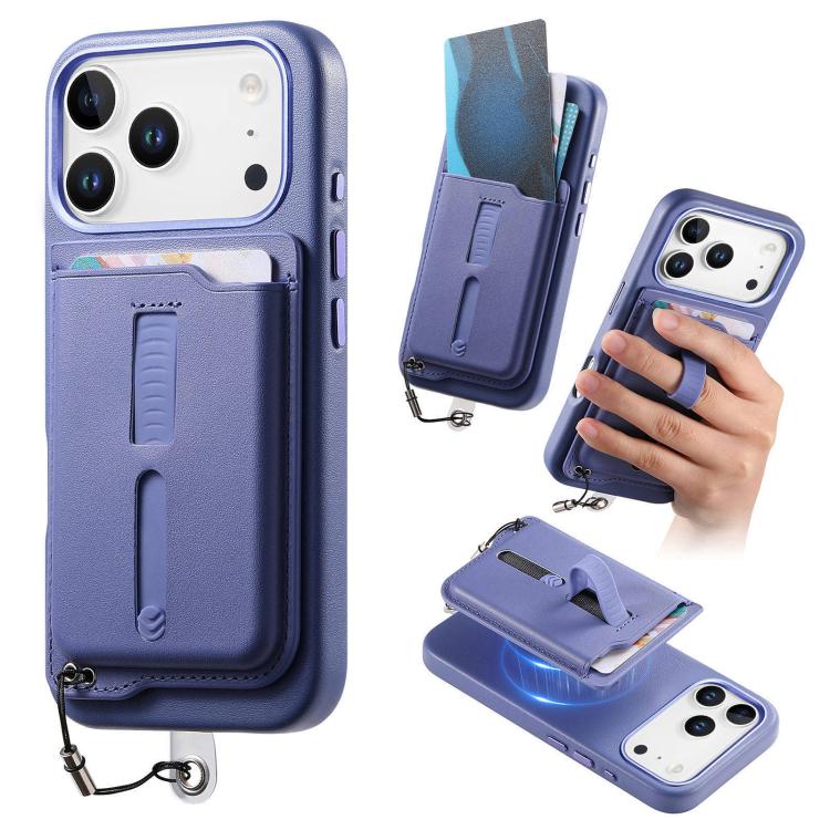 For iPhone 17 Pro Detachable Magnetic Card Bag Phone Case with Finger Ring Grip & Anti-loss Rope(Lavender)
