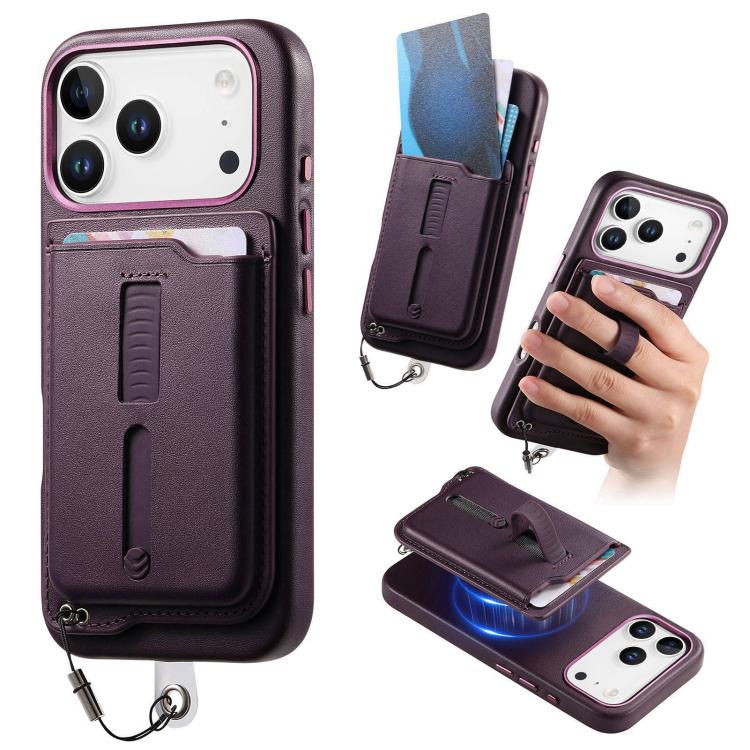 For iPhone 17 Pro Detachable Magnetic Card Bag Phone Case with Finger Ring Grip & Anti-loss Rope(Purple)