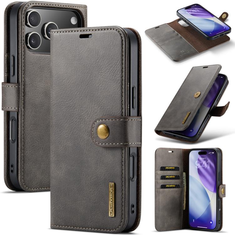 For iPhone 17 Pro DG.MING Crazy Horse Texture Detachable Magnetic Leather Phone Case(Grey)