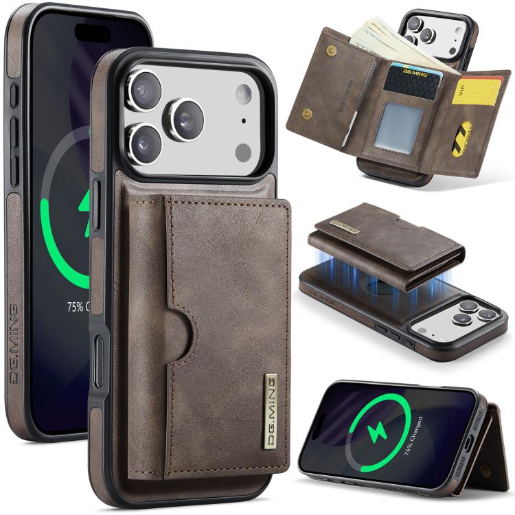 For iPhone 17 Pro DG.MING M6 Series RFID Tri-fold Card Bag Removable Leather Phone Case(Coffee)