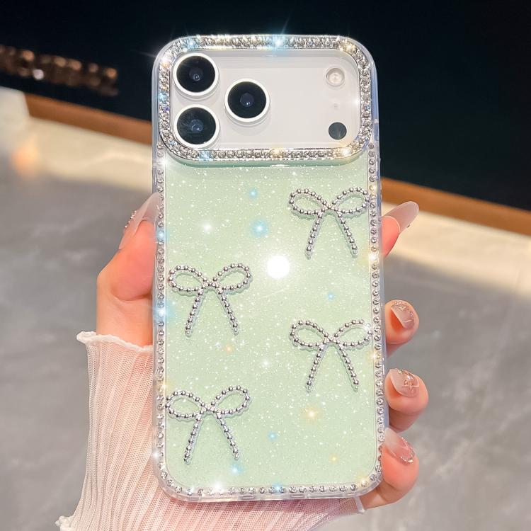 For iPhone 17 Pro Diamond Glitter Bow-knot Four-Corner Shockproof Phone Case(Light Green)