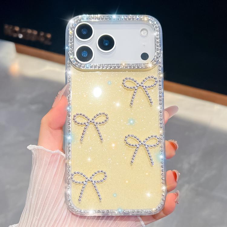 For iPhone 17 Pro Diamond Glitter Bow-knot Four-Corner Shockproof Phone Case(Light Yellow)