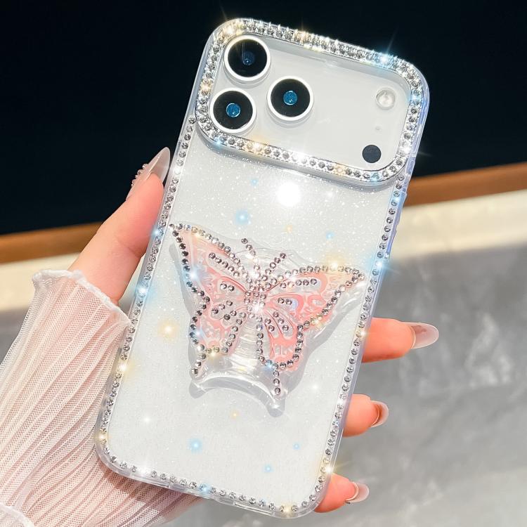 For iPhone 17 Pro Diamond Glitter Butterfly Holder Phone Case(Transparent)