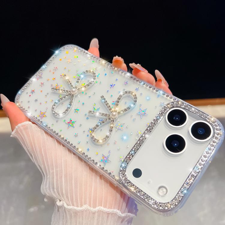 For iPhone 17 Pro Diamond Glitter Dual Bow-knot Shockproof Phone Case(Transparent Stars)