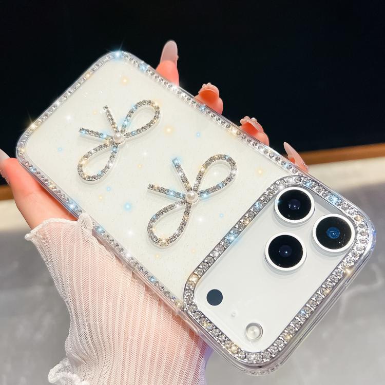 For iPhone 17 Pro Diamond Glitter Dual Bow-knot Shockproof Phone Case(White)
