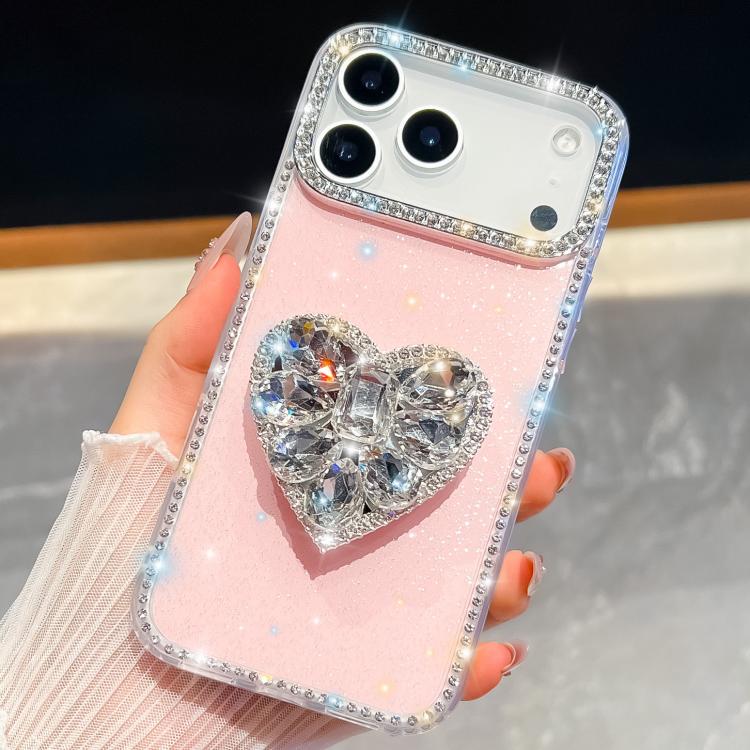 For iPhone 17 Pro Diamond Glitter Gemstone Heart Holder Phone Case(Light Pink)