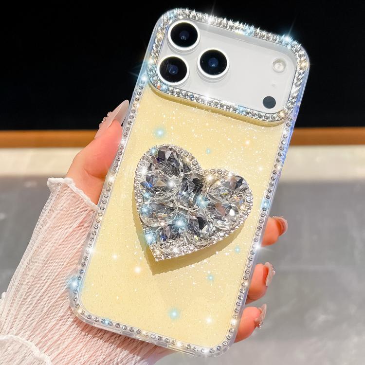 For iPhone 17 Pro Diamond Glitter Gemstone Heart Holder Phone Case(Light Yellow)