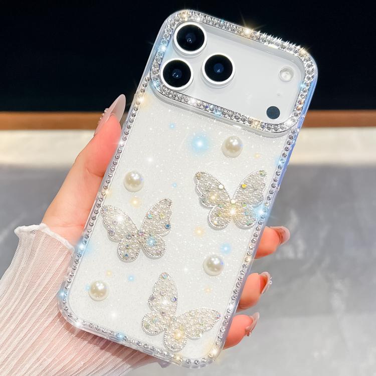 For iPhone 17 Pro Diamond Glitter Pearl Butterfly Four-Corner Shockproof Phone Case(Transparent)