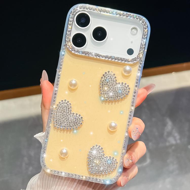 For iPhone 17 Pro Diamond Glitter Pearl Heart Four-Corner Shockproof Phone Case(Light Yellow)