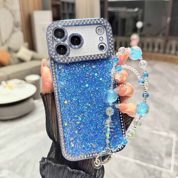 For iPhone 17 Pro Diamond Glitter Sequins TPU Phone Case with Bracelet Chain(Blue)