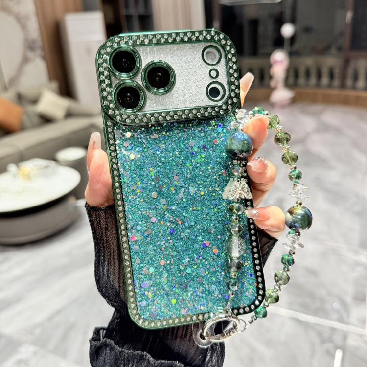 For iPhone 17 Pro Diamond Glitter Sequins TPU Phone Case with Bracelet Chain(Green)