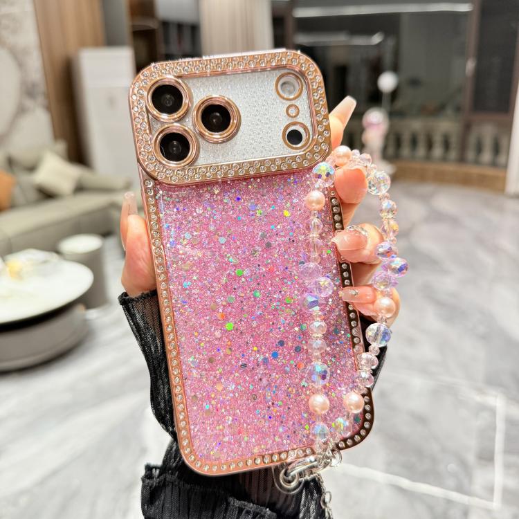 For iPhone 17 Pro Diamond Glitter Sequins TPU Phone Case with Bracelet Chain(Pink)