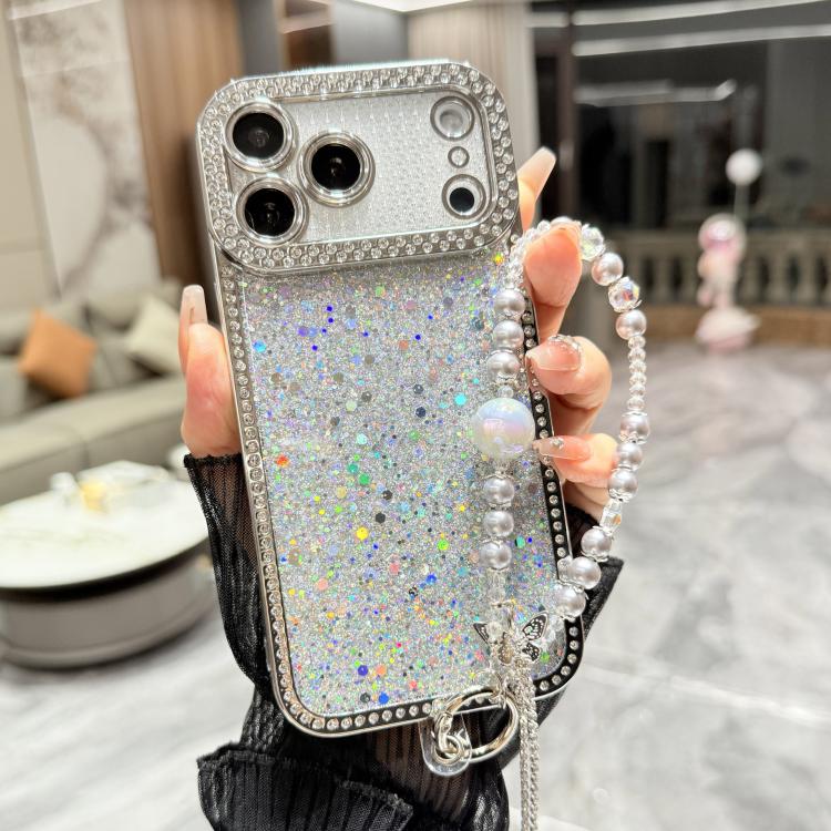 For iPhone 17 Pro Diamond Glitter Sequins TPU Phone Case with Bracelet Chain(Silver)