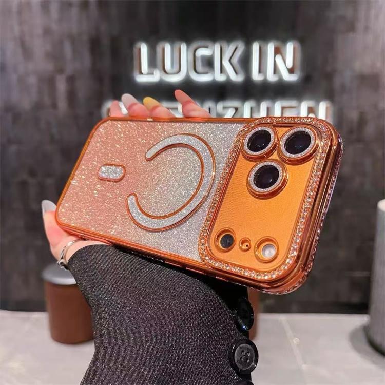 For iPhone 17 Pro Diamond Gradient Glitter Plated MagSafe Phone Case(Orange)