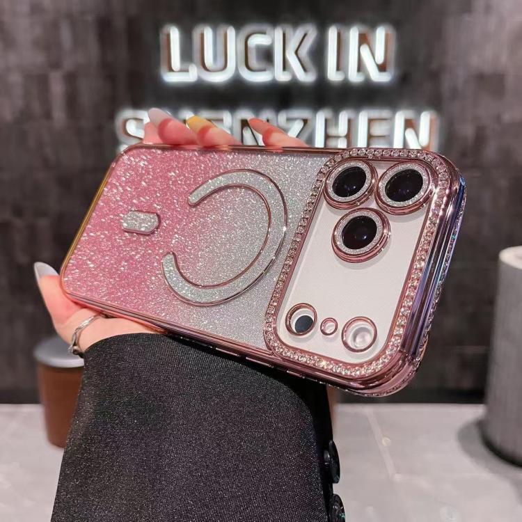 For iPhone 17 Pro Diamond Gradient Glitter Plated MagSafe Phone Case(Pink)