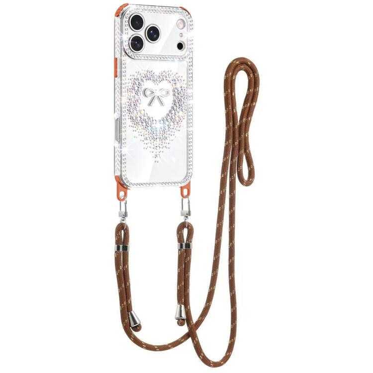For iPhone 17 Pro Diamond Heart Bow PC Hybrid TPU Airbag Phone Case with Lanyard(Orange)