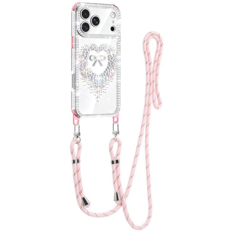 For iPhone 17 Pro Diamond Heart Bow PC Hybrid TPU Airbag Phone Case with Lanyard(Pink)