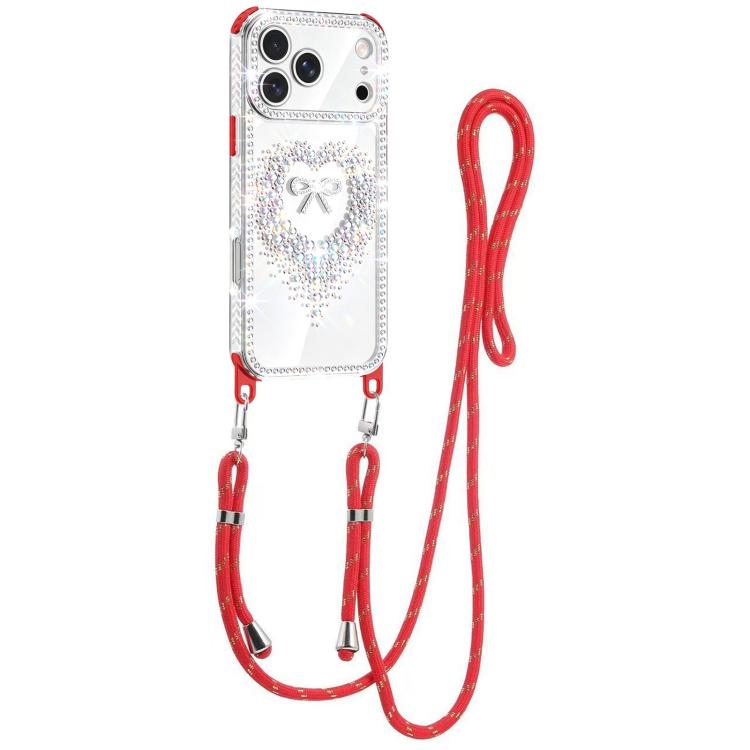 For iPhone 17 Pro Diamond Heart Bow PC Hybrid TPU Airbag Phone Case with Lanyard(Red)