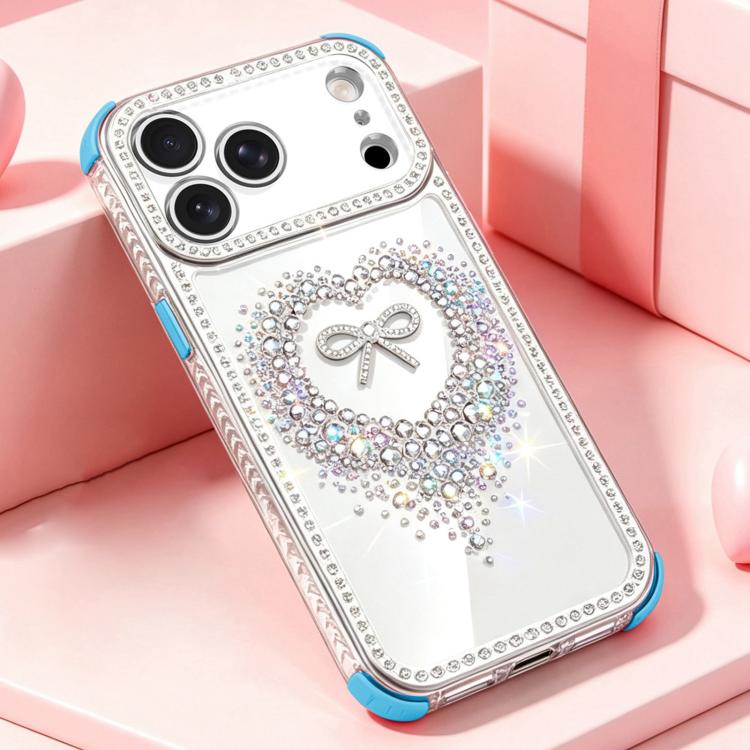 For iPhone 17 Pro Diamond Heart Bow PC Hybrid TPU Airbag Shockproof Phone Case(Blue)