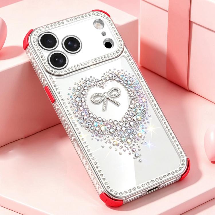 For iPhone 17 Pro Diamond Heart Bow PC Hybrid TPU Airbag Shockproof Phone Case(Red)