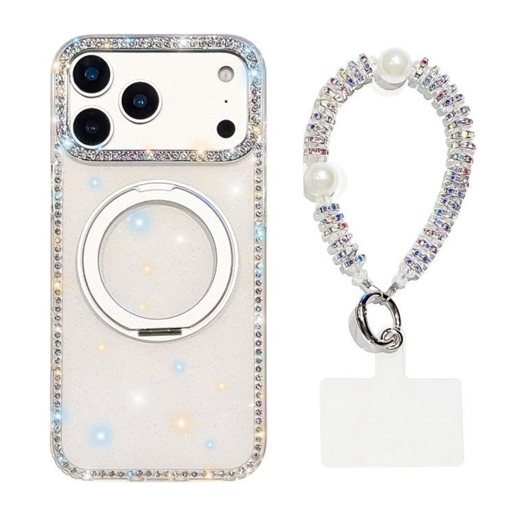For iPhone 17 Pro Diamond IMD 360 Rotation Magnetic Metal Holder Phone Case with Strap(Glitter White)