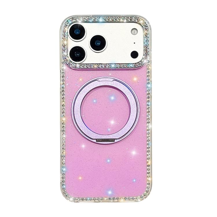 For iPhone 17 Pro Diamond IMD 360 Rotation Magnetic Metal Holder Phone Case(Glitter Light Purple)