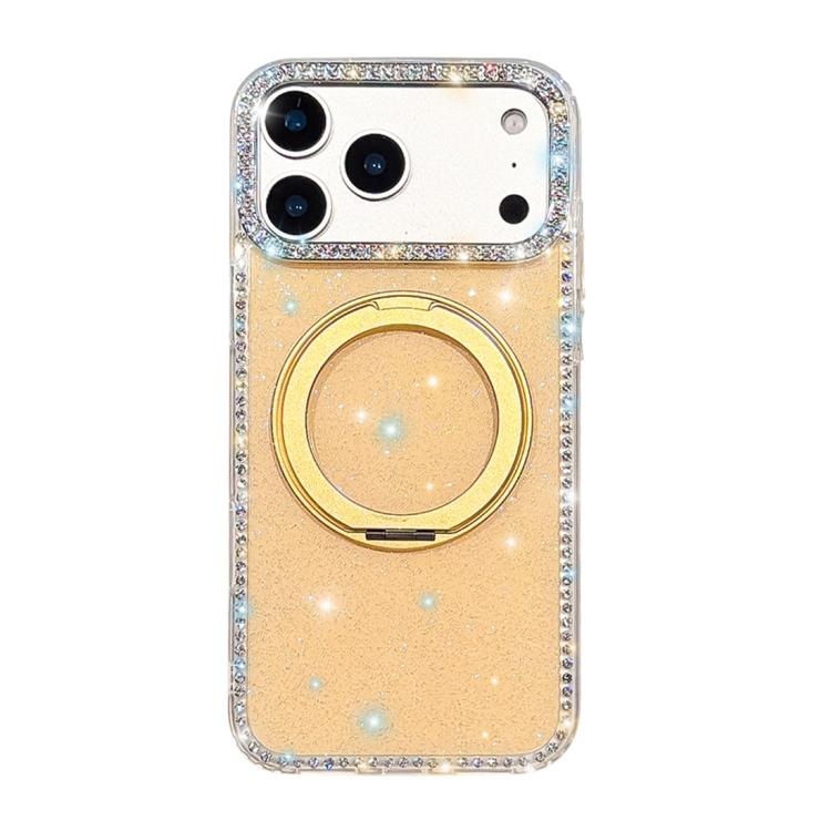 For iPhone 17 Pro Diamond IMD 360 Rotation Magnetic Metal Holder Phone Case(Glitter Light Yellow)