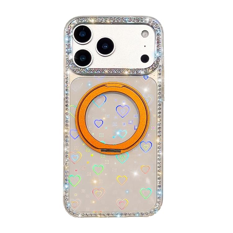 For iPhone 17 Pro Diamond IMD 360 Rotation Magnetic Metal Holder Phone Case(Love Transparent)