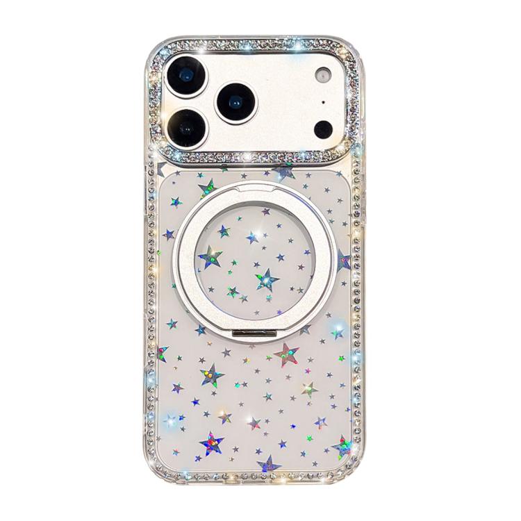 For iPhone 17 Pro Diamond IMD 360 Rotation Magnetic Metal Holder Phone Case(Stars Transparent)