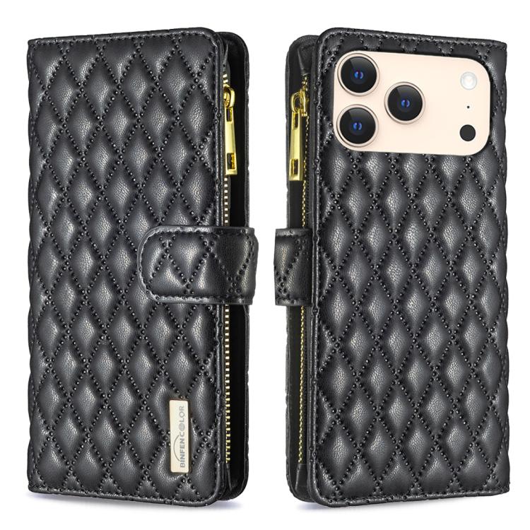 For iPhone 17 Pro Diamond Lattice Zipper Wallet Leather Flip Phone Case(Black)