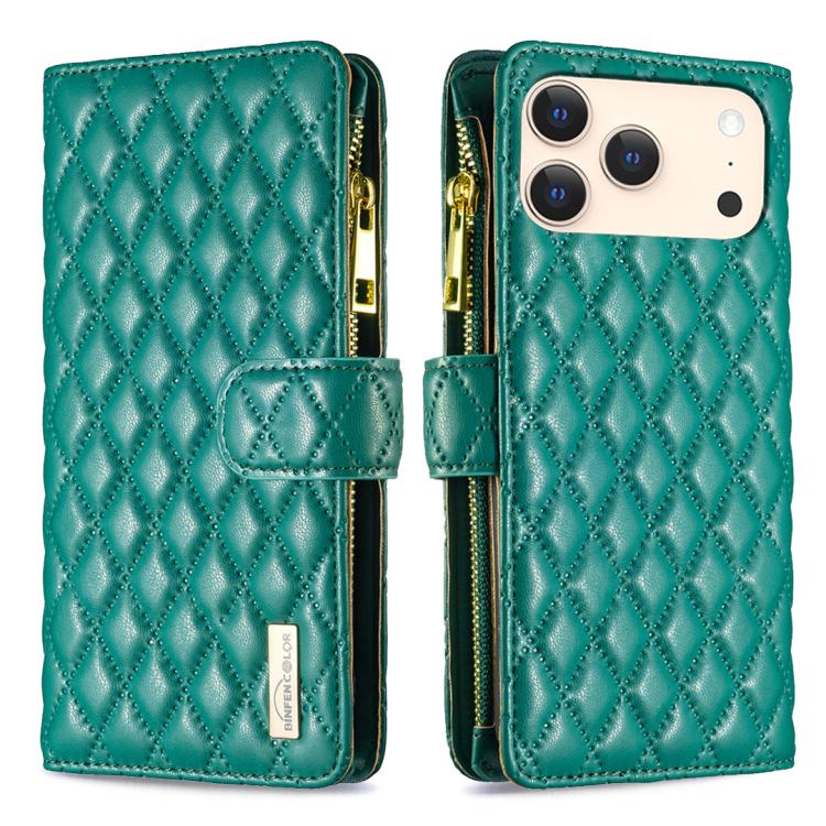 For iPhone 17 Pro Diamond Lattice Zipper Wallet Leather Flip Phone Case(Green)