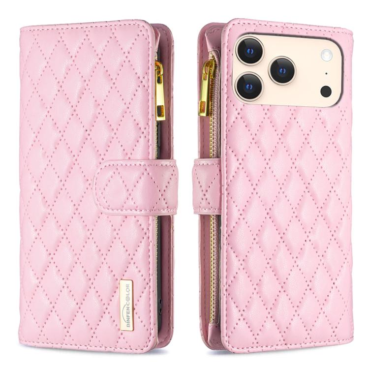 For iPhone 17 Pro Diamond Lattice Zipper Wallet Leather Flip Phone Case(Pink)