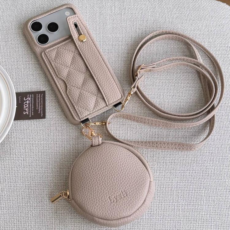 For iPhone 17 Pro Diamond Pattern Wristband Card Slot PU Phone Case with Small Wallet(Khaki)