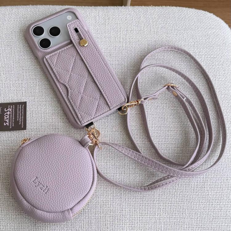 For iPhone 17 Pro Diamond Pattern Wristband Card Slot PU Phone Case with Small Wallet(Light Purple)